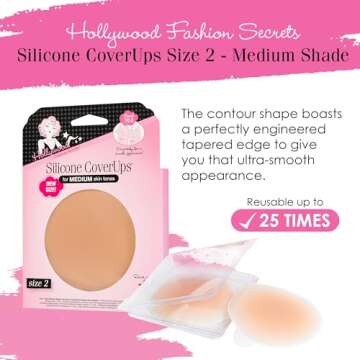 Hollywood Fashion Secrets Silicone Coverups, Size 2, Hypoallergenic, Reusable, Washable, Gentle on Skin, Ultra Thin, Self Adhesive, Medium Shade, 1 Pack