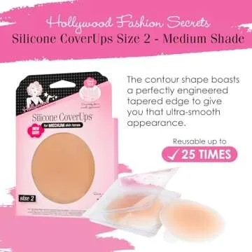 Hollywood Fashion Secrets Silicone Coverups, Size 2, Hypoallergenic, Reusable, Washable, Gentle on Skin, Ultra Thin, Self Adhesive, Medium Shade, 1 Pack