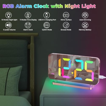 Poeroa RGB Alarm Clock,7.4” LED Mirror Digital Clocks Large Display,with Night Light,USB C Charger Port,Auto Dimmer,Modern Desk Clock for Bedroom Home Office Decor - Rose Gold