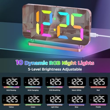 Poeroa RGB Alarm Clock,7.4” LED Mirror Digital Clocks Large Display,with Night Light,USB C Charger Port,Auto Dimmer,Modern Desk Clock for Bedroom Home Office Decor - Rose Gold