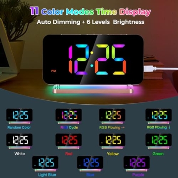Poeroa RGB Alarm Clock,7.4” LED Mirror Digital Clocks Large Display,with Night Light,USB C Charger Port,Auto Dimmer,Modern Desk Clock for Bedroom Home Office Decor - Rose Gold