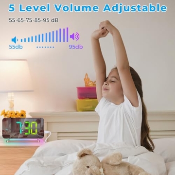 Poeroa RGB Alarm Clock,7.4” LED Mirror Digital Clocks Large Display,with Night Light,USB C Charger Port,Auto Dimmer,Modern Desk Clock for Bedroom Home Office Decor - Rose Gold