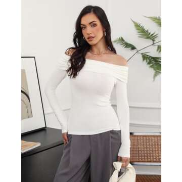 Women's Sexy Off Shoulder Tops Dressy Casual Slim Fit Long Sleeves Spring Fall Blouse Going Out Nightout Shirt White