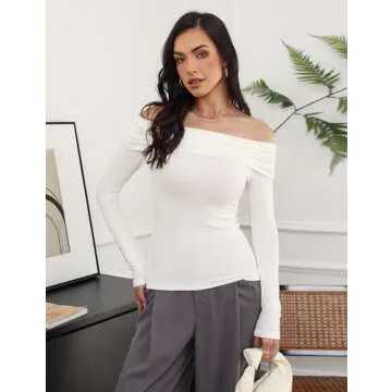 Women's Sexy Off Shoulder Tops Dressy Casual Slim Fit Long Sleeves Spring Fall Blouse Going Out Nightout Shirt White