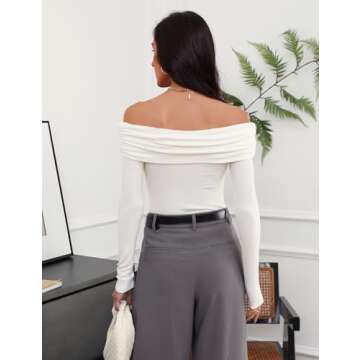 Women's Sexy Off Shoulder Tops Dressy Casual Slim Fit Long Sleeves Spring Fall Blouse Going Out Nightout Shirt White