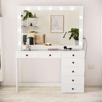 Boahaus Serena Large Makeup Vanity with Hollywood Lights Bulbs, 7 Drawers, Hollywood Mirror, Hairdryer Hanger, Glass Top, Gold Knobs, White Vanity Makeup Desk for Bedroom, 58.2'' Hx47.3'' Wx16.9'' D