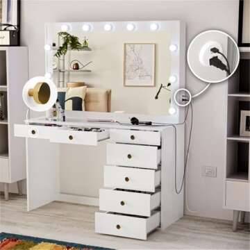 Boahaus Serena Large Makeup Vanity with Hollywood Lights Bulbs, 7 Drawers, Hollywood Mirror, Hairdryer Hanger, Glass Top, Gold Knobs, White Vanity Makeup Desk for Bedroom, 58.2'' Hx47.3'' Wx16.9'' D