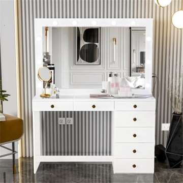Boahaus Serena Large Makeup Vanity with Hollywood Lights Bulbs, 7 Drawers, Hollywood Mirror, Hairdryer Hanger, Glass Top, Gold Knobs, White Vanity Makeup Desk for Bedroom, 58.2'' Hx47.3'' Wx16.9'' D