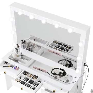 Boahaus Serena Large Makeup Vanity with Hollywood Lights Bulbs, 7 Drawers, Hollywood Mirror, Hairdryer Hanger, Glass Top, Gold Knobs, White Vanity Makeup Desk for Bedroom, 58.2'' Hx47.3'' Wx16.9'' D