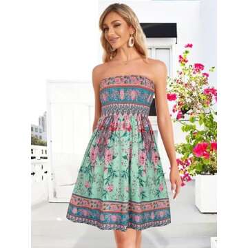 CHICGAL Women Strapless Dresses Boho Sundress Summer Dresses Tube Top Dress for Beach (Boho Green Pink,S)