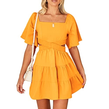 Shy Velvet Women's Summer Dress Square Neck Short Sleeves Crossover Waist Casual Party Mini Dress Ye...