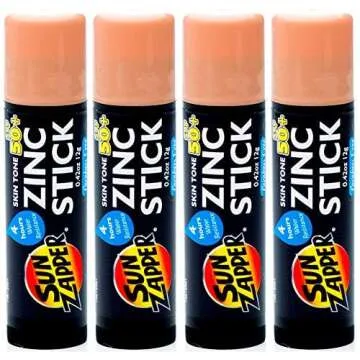 Sun Zapper Zinc Oxide Sunscreen Stick SPF 50+ Light Skin Tone – 4-Pack (0.42 oz each) – Water-Re...