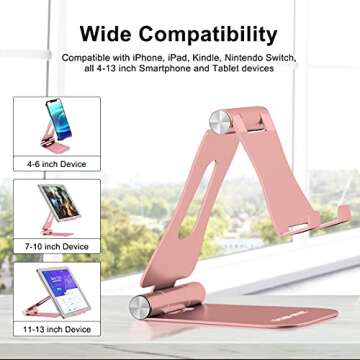 YOSHINE Cell Phone Stand Foldable - Adjustable Phone Stand for Desk, Tablet Stand Holder, Portable Aluminum Desktop Phone Holder for All Smart Phones and Tablets(4-13inch) - Rose Gold