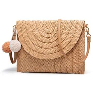 Straw Shoulder Bag Straw Clutch Women Hand-woven Straw Crossbody Bag Summer Beach Envelope Purse Wallet Khaki