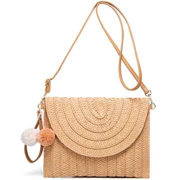 Straw Shoulder Bag Straw Clutch Women Hand-woven Straw Crossbody Bag Summer Beach Envelope Purse Wallet Khaki