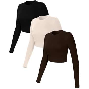 Riyiper 3 Pack Women's Ribbed Crop Tops, Long Sleeve Layer Tight Slim Fit Shirts Basic Crew Neck Tops Fall Y2k Clothes(S,Black, Brown, Cream)