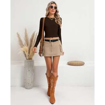 Riyiper 3 Pack Women's Ribbed Crop Tops, Long Sleeve Layer Tight Slim Fit Shirts Basic Crew Neck Tops Fall Y2k Clothes(S,Black, Brown, Cream)