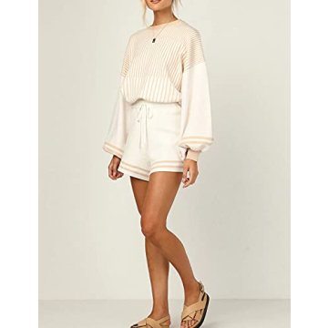 Gihuo Women's Chic Striped Pullover Sweater Shorts Set