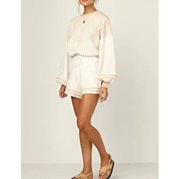 Gihuo Women's Chic Striped Pullover Sweater Shorts Set