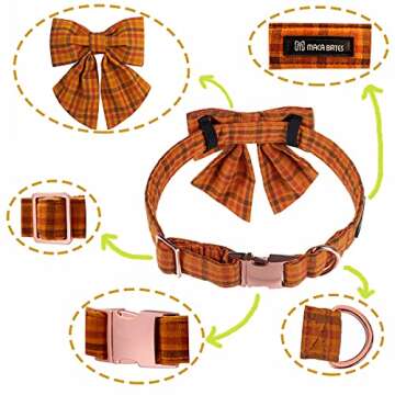 Maca Bates Fall Dog Collar with Sailor Bow Tie Pumpkin Plaid Dogs Collars with Bowtie Checkered Hall...