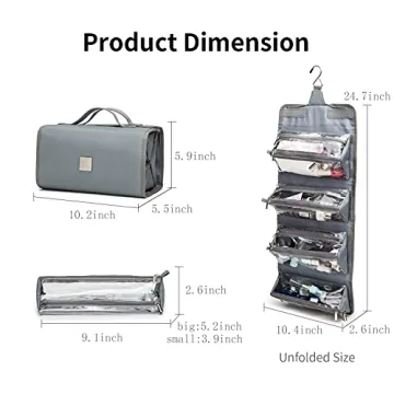 TSA Approved Roll Up Makeup Bag with Clear Pouches Grey
