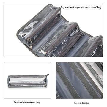 TSA Approved Roll Up Makeup Bag with Clear Pouches Grey