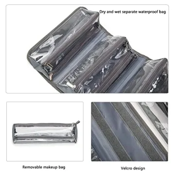 TSA Approved Roll Up Makeup Bag with Clear Pouches Grey