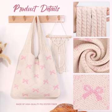 KPX Crochet Tote Bag, Beach Mesh Knitted Bag Large Aesthetic Shoulder Bag Handbags Hollow Hobo Bag for Women Summer (Bow Style, Pink)