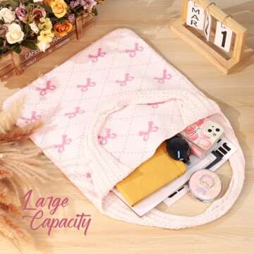 KPX Crochet Tote Bag, Beach Mesh Knitted Bag Large Aesthetic Shoulder Bag Handbags Hollow Hobo Bag for Women Summer (Bow Style, Pink)