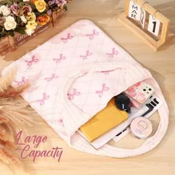 KPX Crochet Tote Bag, Beach Mesh Knitted Bag Large Aesthetic Shoulder Bag Handbags Hollow Hobo Bag for Women Summer (Bow Style, Pink)