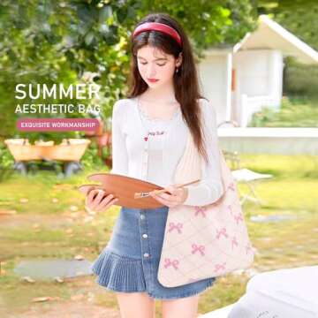 KPX Crochet Tote Bag, Beach Mesh Knitted Bag Large Aesthetic Shoulder Bag Handbags Hollow Hobo Bag for Women Summer (Bow Style, Pink)