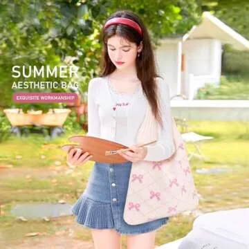 KPX Crochet Tote Bag, Beach Mesh Knitted Bag Large Aesthetic Shoulder Bag Handbags Hollow Hobo Bag for Women Summer (Bow Style, Pink)