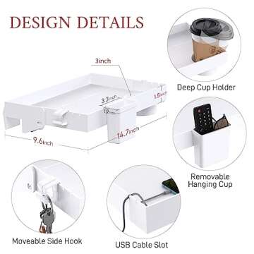 SOLEJAZZ Bedside Shelf for Bed, Foldable Bunk Bed Shelf Clip On Nightstand Tray College Dorm Room Essential Table Caddy with Cup & Cord Holder for Top Bunk Organizer Bedroom, Normal Size, White