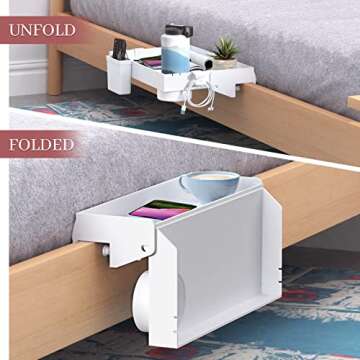 SOLEJAZZ Bedside Shelf for Bed, Foldable Bunk Bed Shelf Clip On Nightstand Tray College Dorm Room Essential Table Caddy with Cup & Cord Holder for Top Bunk Organizer Bedroom, Normal Size, White