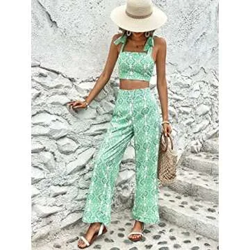Floerns Women's 2 Piece Sets Summer Boho Floral Crop Tank Cami Tops and Wide Leg Pants Vacation Outfits Green