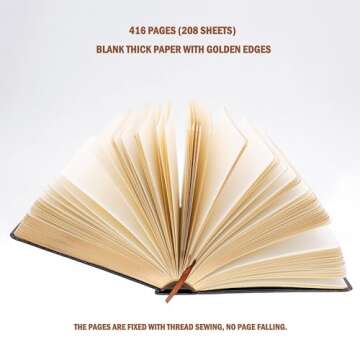 BenOpinion Thick Journal, Blank Premium Papers with Golden Rim, Hardcover Notebook with Black Soft Faux Leather Cover, 416 Pages 208 Sheets A5 Sketchbook for Writing Drawing