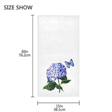 Blue Hydrangea Butterfly Hand Towels 16x30 in Spring Summer Watercolor Floral Purple Flower Bathroom Towel Small Bath Towel Kitchen Dish Guest Towel Decorations for Hand Face Gym Spa Bathroom