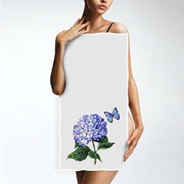 Blue Hydrangea Butterfly Hand Towels 16x30 in Spring Summer Watercolor Floral Purple Flower Bathroom Towel Small Bath Towel Kitchen Dish Guest Towel Decorations for Hand Face Gym Spa Bathroom