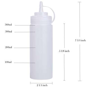 Bekith 12 pack 12 Oz Plastic Squeeze Condiment Bottles with Twist On Cap Lids and Discrete Measureme...