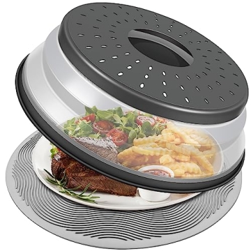 LekDrok 10 Inch Microwave Food Cover & Collapsible Silicone Mat - Splatter Guard, Plate Holder & Kit...