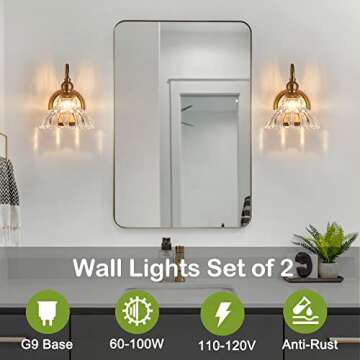 TLOLGT 2-Pack Modern Wall Sconces Gold Bathroom Vanity Lighting Fixtures Beautiful Wall Light Set of Two for Bedroom Bathroom Hallway Living Room Decor