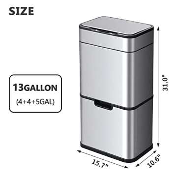 ELPHECO Stainless Steel Kitchen Trash Can, 13 Gallon Motion Sensor Kitchen Garbage Can with 3 Compar...