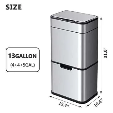 ELPHECO Stainless Steel Kitchen Trash Can, 13 Gallon Motion Sensor Kitchen Garbage Can with 3 Compar...
