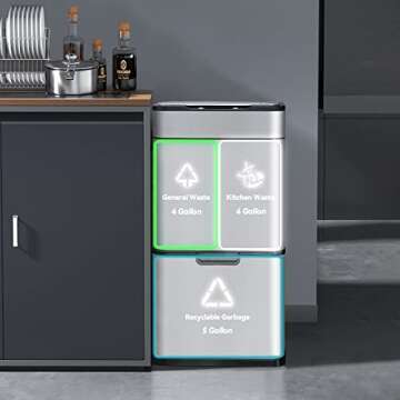 ELPHECO Stainless Steel Kitchen Trash Can, 13 Gallon Motion Sensor Kitchen Garbage Can with 3 Compartment, Automatic Trash Can with Bins
