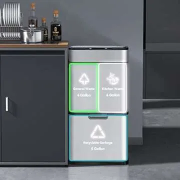 ELPHECO Stainless Steel Kitchen Trash Can, 13 Gallon Motion Sensor Kitchen Garbage Can with 3 Compartment, Automatic Trash Can with Bins