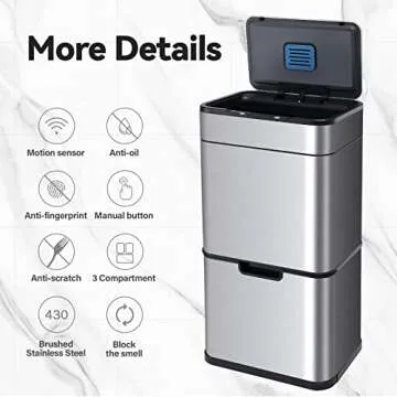 ELPHECO Stainless Steel Kitchen Trash Can, 13 Gallon Motion Sensor Kitchen Garbage Can with 3 Compartment, Automatic Trash Can with Bins