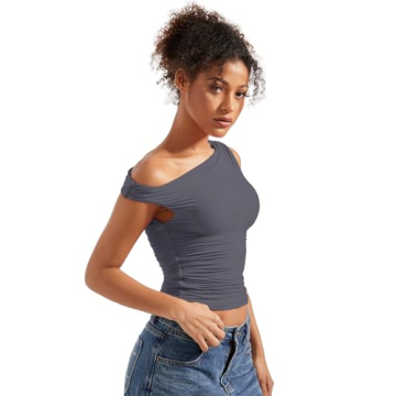 SUUKSESS Y2K Women Off Shoulder Crop Top in Grey