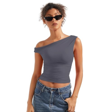 SUUKSESS Y2K Women Off Shoulder Crop Top in Grey
