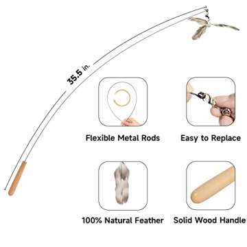 FUKUMARU Cat Wand Toy, 35.5 Inch Cat Feather Propeller Toy with Bell, Steel Wire Cat Toy for Indoor Cats with Natural Feather