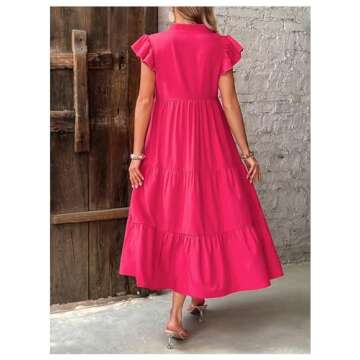 MakeMeChic Women's Maternity Dress Summer Notch V Neck Cap Sleeve High Waist A Line Pregnancy Midi Dress Hot Pink Small